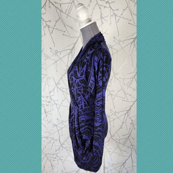 BCBGeneration Purple Artsy Abstract Print Faux Wrap Drape Dress Whimsigoth - Picture 2 of 4